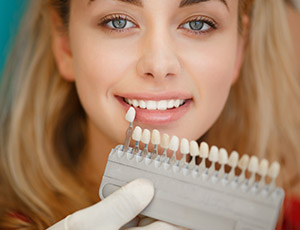 Woman's smile compared with porcelain veneers color shading chart