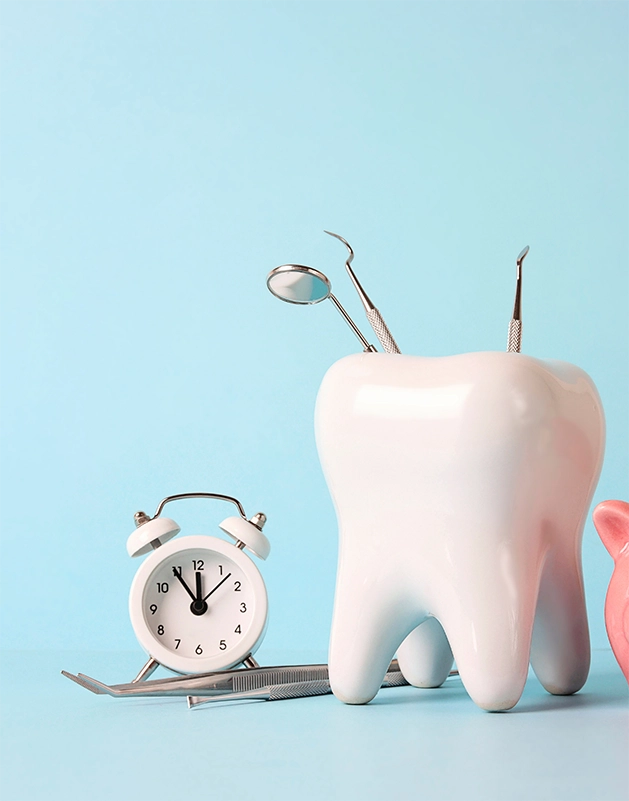 Model of a tooth next to a piggy bank and alarm clock