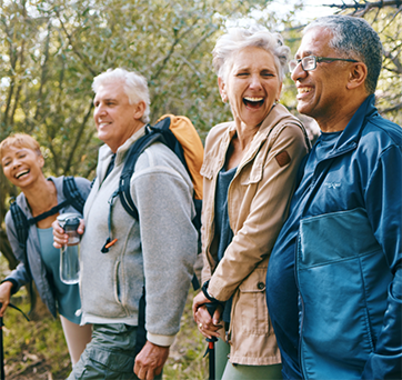 Four adults hiking in a forest