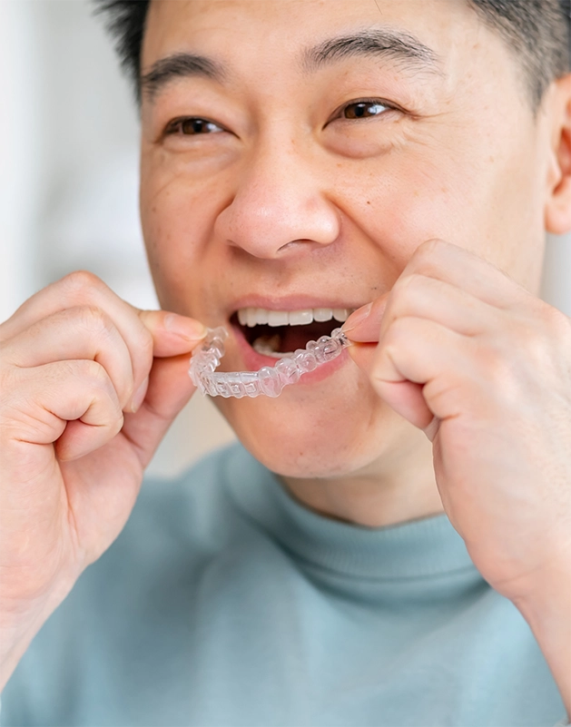 Man placing Invisalign over his teeth
