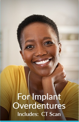 Smiling woman with text for implant overdenture coupon
