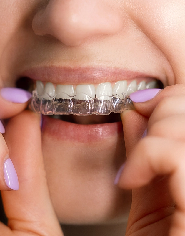 Close up of a person putting a SureSmile aligner over their teeth